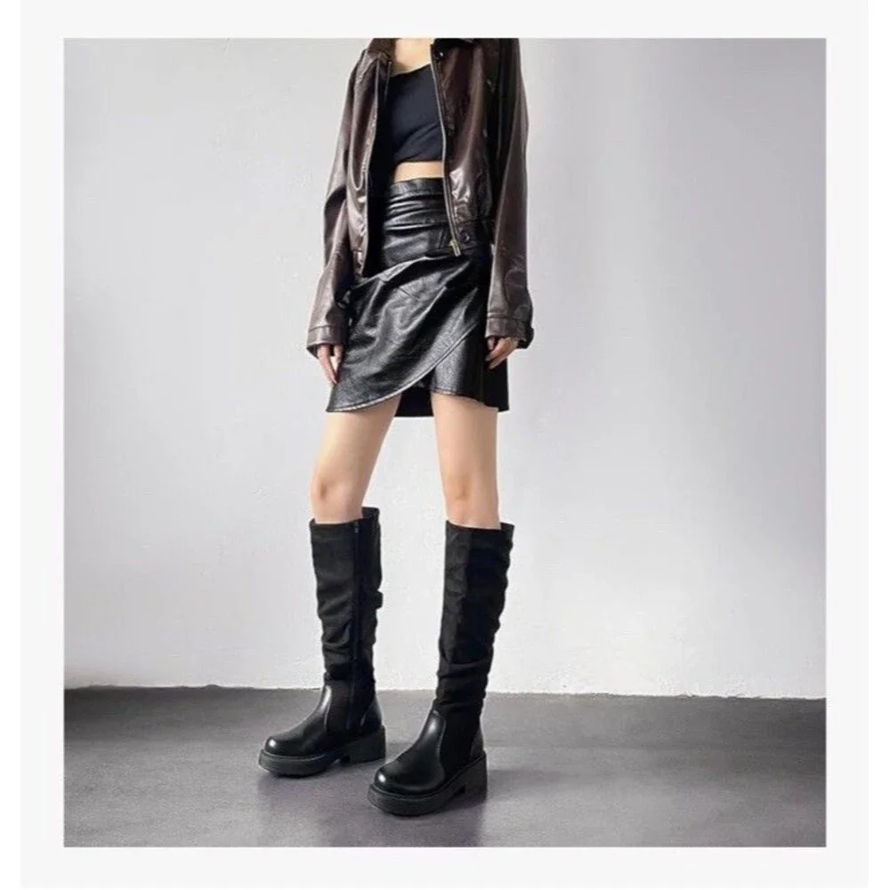 Women's Fashion Thick Heel Riding Boots Black Side Zipper Durable Elegant 7.5